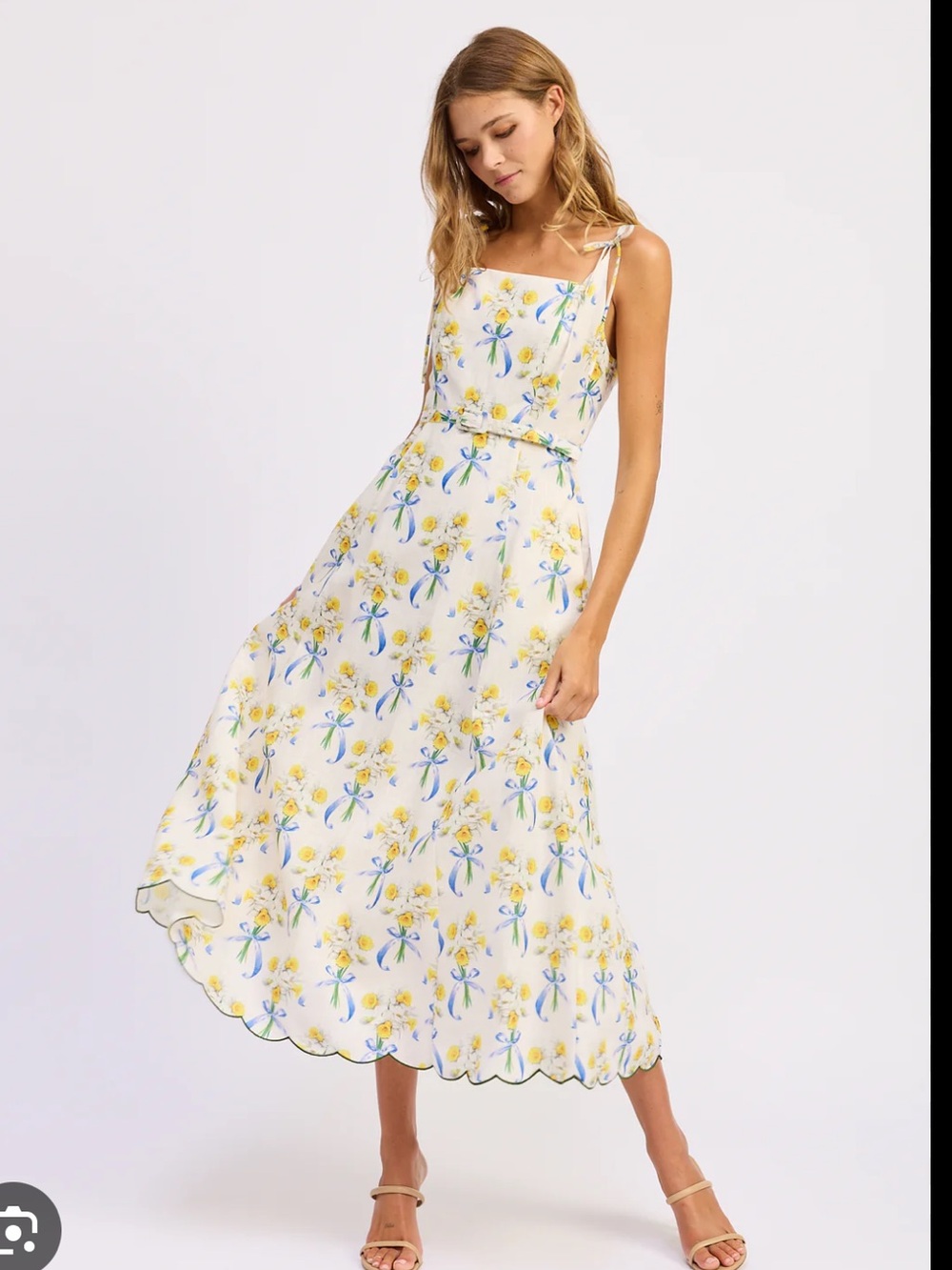 en saison audrey white & yellow floral bouquet print belted maxi sun dress small